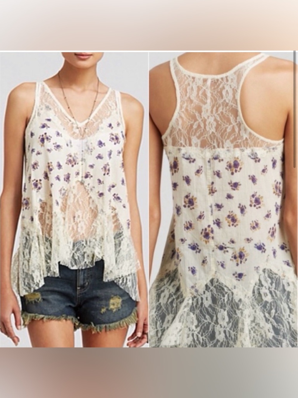 Free people lace floral cami tank top womens L boho festival